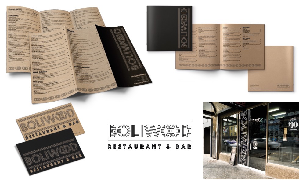Boliwood Restaurant & Bar Identity Logo Menu Signage